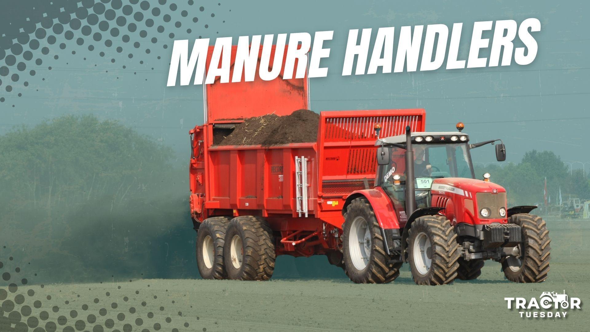 Big red manure spreader spreads tons of manure over the field