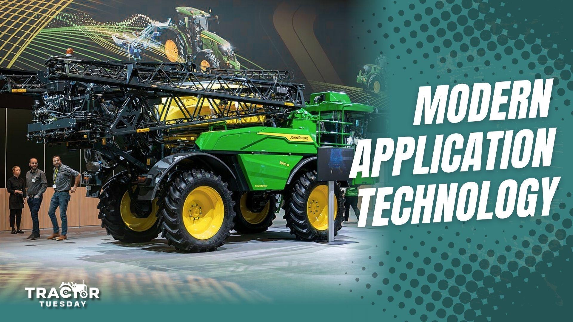 Modern farming machinery exhibition with people standing around